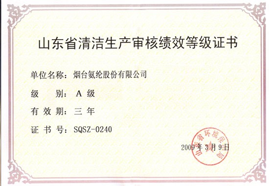 2009年，通过山东省清洁生产审核绩效A级证书。